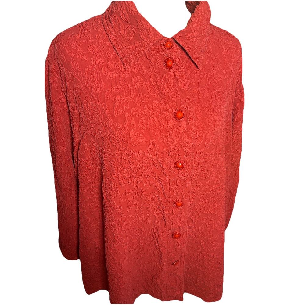 VTG URU Red 100% Silk Floral Jacquard Art-to-Wear Tunic Button Up Top Lagenlook